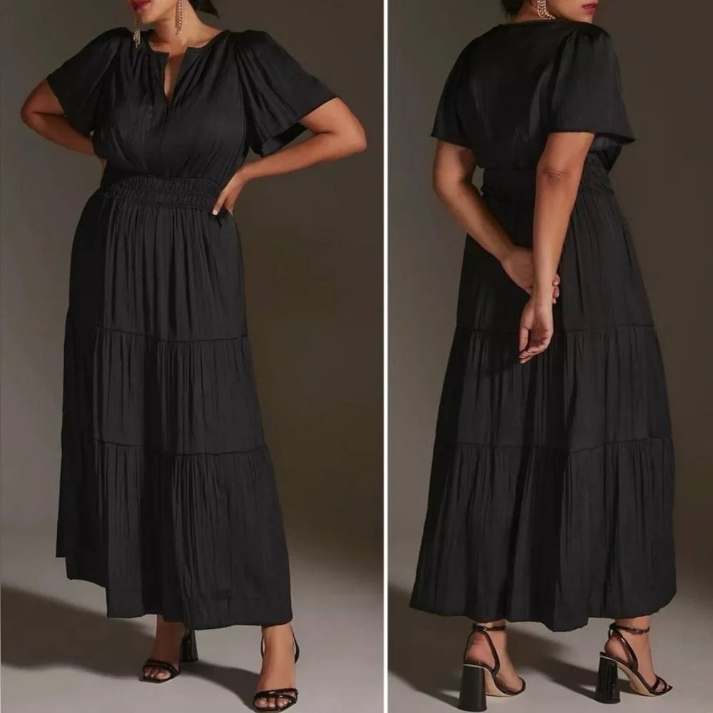 Anthropologie | Black Somerset Flutter Sleeve Tiered Elastic Waist Maxi Dress XS - Picture 8 of 17